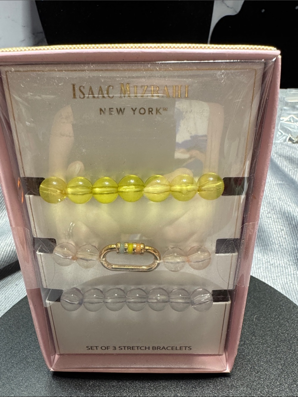 Isaac Mizrahi Neon Yellow, Clear & Smoky Gray Stretch Bracelet Trio
